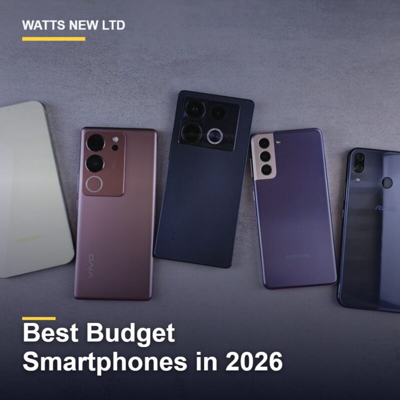 Several modern budget smartphones arranged on a surface